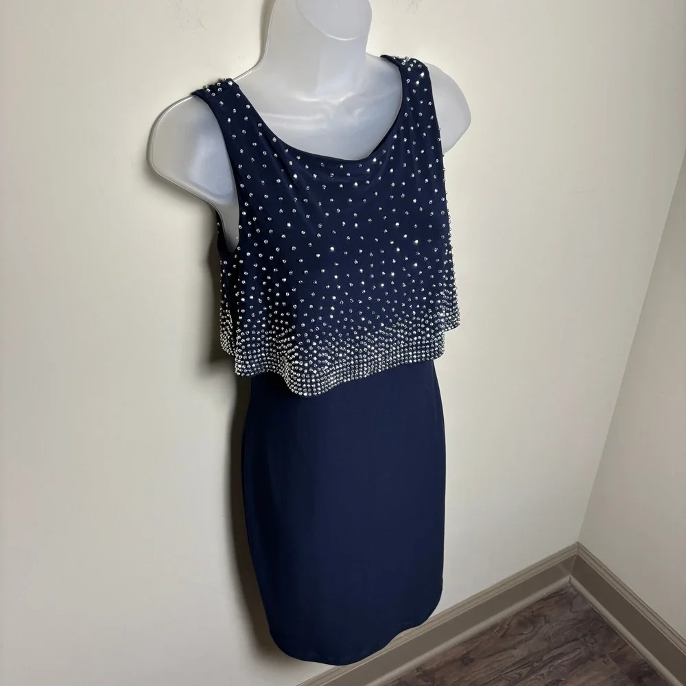 Joseph Ribkoff Blue Zip Back Beaded Overlay Sleeveless Sheath Dress Womens 6 US - Picture 4 of 8